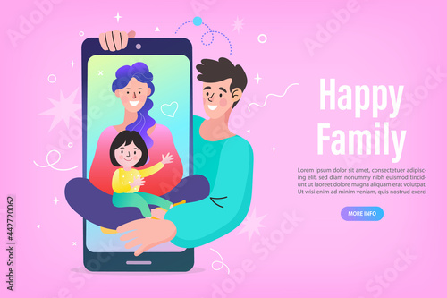 Happy family Video call on smartphone. Young family with. kids are having video call using the smartphone. Human hand hold device. Chat. Vector cartoon illustration.