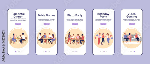 Party types onboarding mobile app screen flat vector template. Table games. Walkthrough website 5 steps with characters. Creative UX, UI, GUI smartphone cartoon interface, case prints set