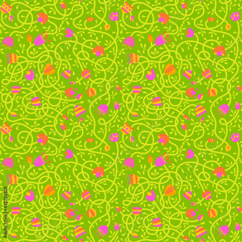 Spring vegetation seamless pattern. Vector doodle illustration with flowers for textile, fabric and background