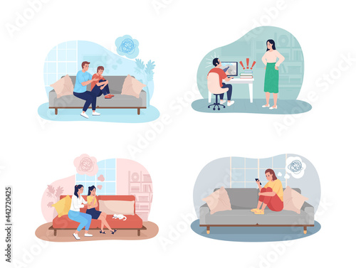 Teenager problems 2D vector isolated illustration set. Parent support to kid. Adolescent child with depressing thoughts flat characters on cartoon background. Teen issues colourful scene collection