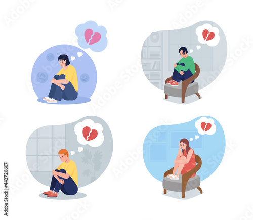 Lonely teen upset over breakup 2D vector isolated illustration set. Boy and girl depressed over heartbreak flat characters on cartoon background. Teenager problem colourful scene collection