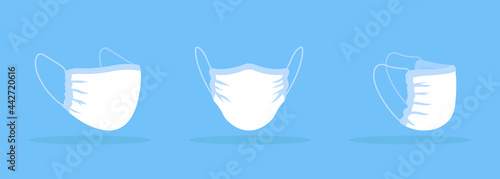 No-pleat face mask with gathered sides white mockup. Homemade cloth mask without folds. No filter pocket. Stretchable material. Modern item clipart. Isolated design template on blue background