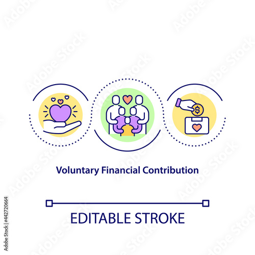 Voluntary financial contribution concept icon. Charity organization for collecting funds. Money collection idea thin line illustration. Vector isolated outline color drawing. Editable stroke