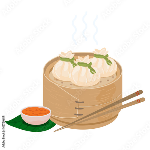 Dimsum chinese dumplings in bamboo steamer basket. Vector icon isolated on white