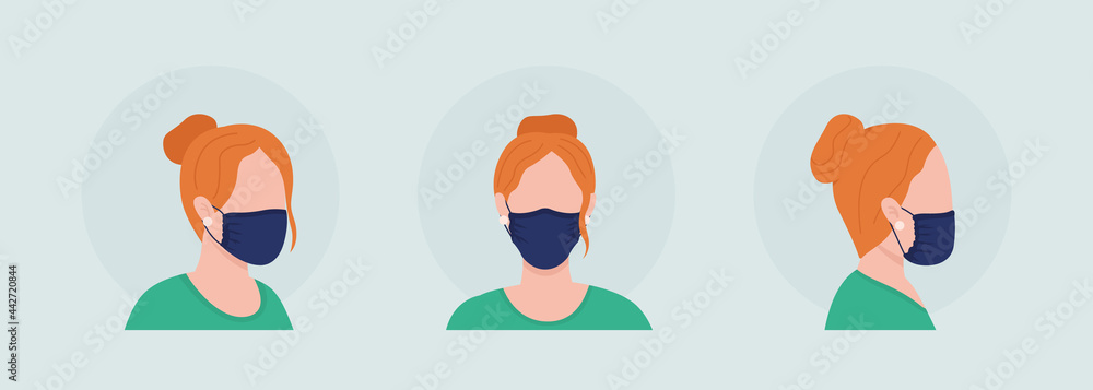 Fototapeta premium Wear mask with gathered sides semi flat color vector character avatar set. Portrait respirator from front, side view. Isolated modern cartoon style illustration for graphic design and animation pack