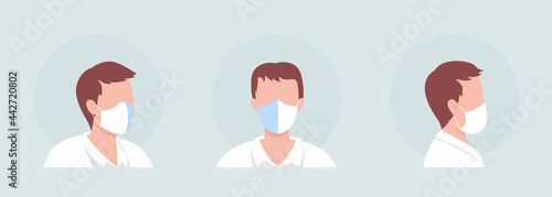 Center seam mask wearer semi flat color vector character avatar set. Portrait with respirator from front and side view. Isolated modern cartoon style illustration for graphic design and animation pack