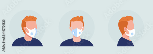 Wearing respirator with breathable vent semi flat color vector character avatar set. Portrait from front and side view. Isolated modern cartoon style illustration for graphic design and animation pack