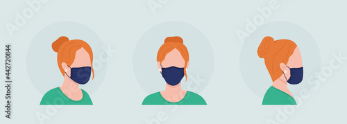 Wear mask with gathered sides semi flat color vector character avatar set. Portrait respirator from front, side view. Isolated modern cartoon style illustration for graphic design and animation pack