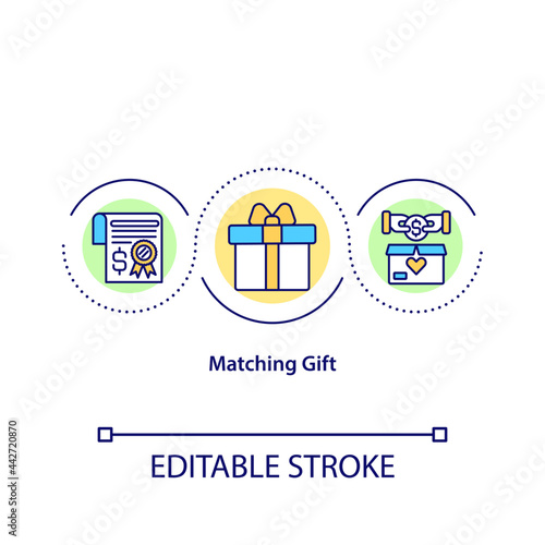 Matching gift concept icon. Giving money to charity organizations. Valuable present. Fund increase. Charity idea thin line illustration. Vector isolated outline color drawing. Editable stroke