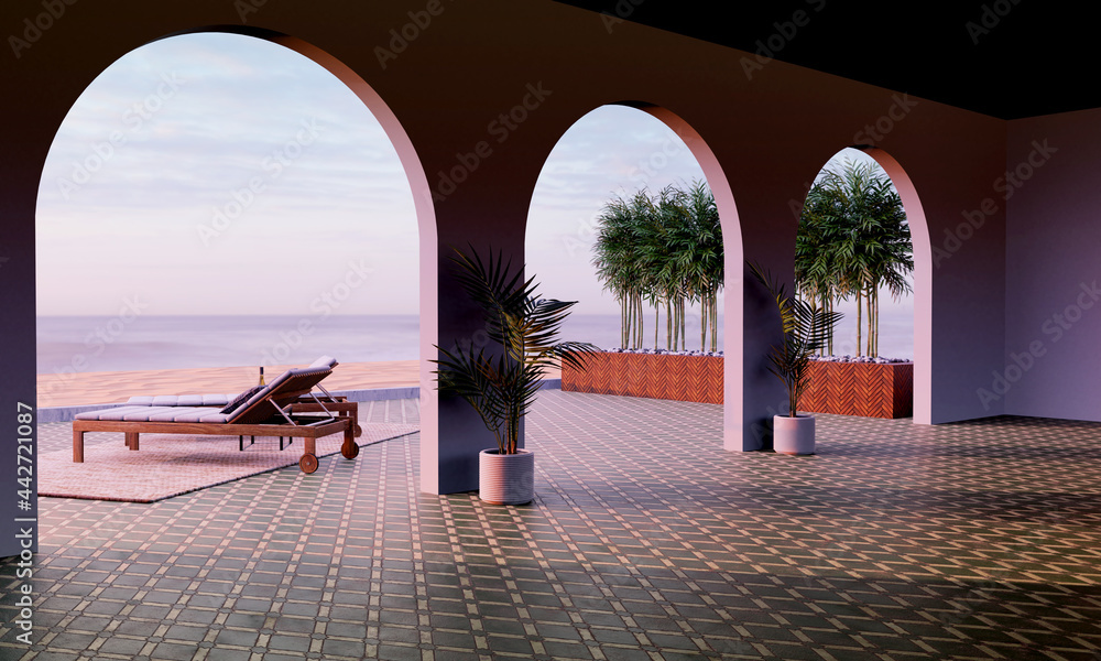 3d render of a patio along the ocean at sunset