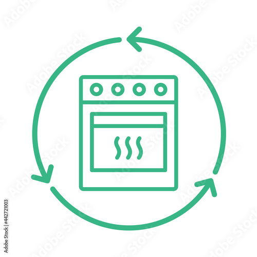 Recycle stove. Recycled home appliances. Cooker with oven inside green circle arrows. Zero waste. Sustainable lifestyle. Reusable waste materials. Kitchen equipment upcycle. Vector illustration.
