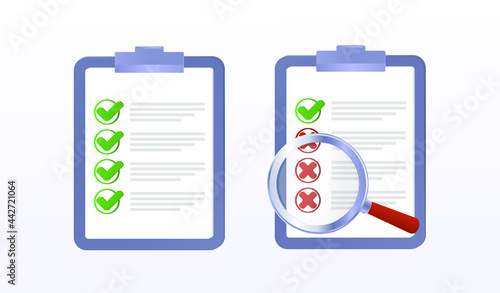 Check list on the tablet. Choice yes or no, vote, recall. Flat style isolated. Correct, incorrect sign. Right and wrong mark icon set. Green tick and red cross flat symbol. Check ok, YES, no, X marks 