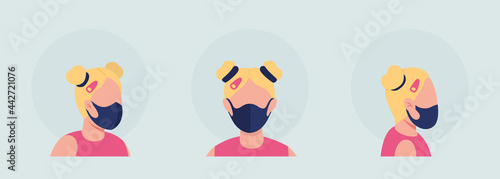 Girl with middle seam mask semi flat color vector character avatar set. Portrait with respirator from front, side view. Isolated modern cartoon style illustration for graphic design and animation pack