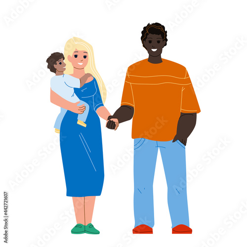 Happiness Mixed Family Standing Together Vector. African Man Husband, Caucasian Woman Wife And Child, Happy Multiracial Family. Characters Father, Mother And Son Kid Flat Cartoon Illustration
