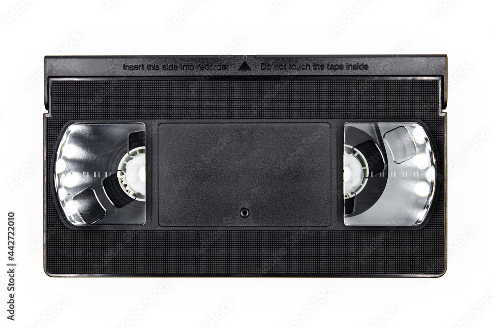 Front side of a vhs videocassette, analog retro video tape isolated on white background