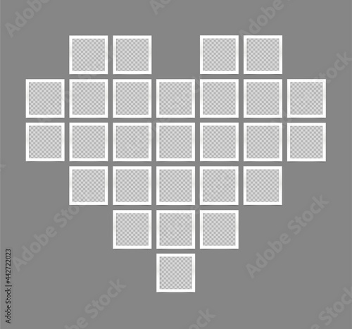 Heart made of Photo cards. Mood Board or Collage. Vector realistic square photo frames. Mockup for posters, montage, congratulations, photo album, presentation. 27 empty pictures. EPS10.