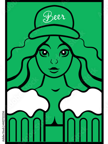 a girl with glasses of beer. a linear drawing on a green background. poster vector.