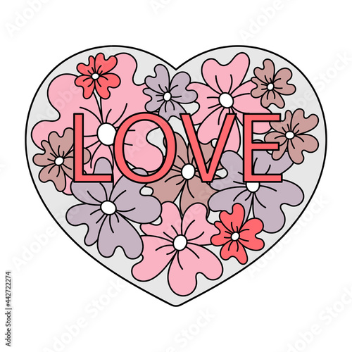 Cartoon hand-drawn Love pattern. Hearts and flowers. Template of a greeting card. Vector illustration