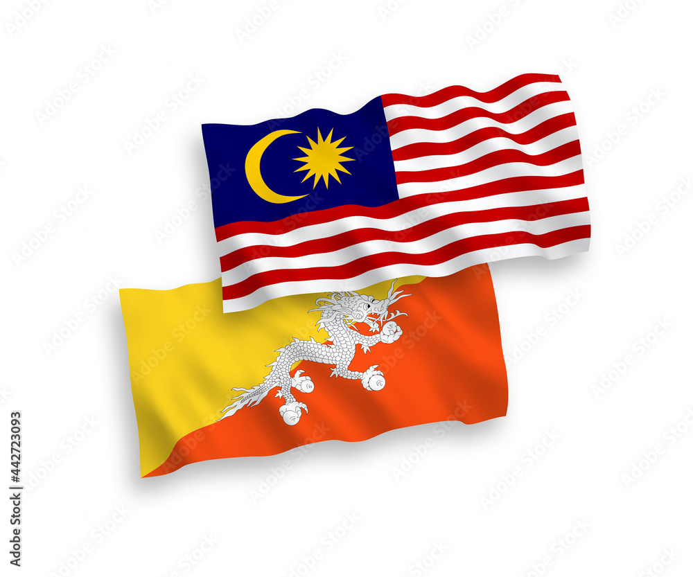 Flags of Kingdom of Bhutan and Malaysia on a white background Flags of Kingdom of Bhutan and Malaysia on a white background