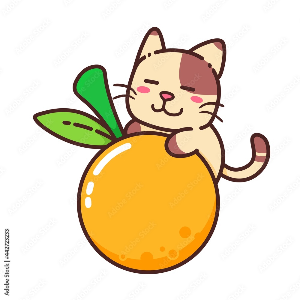 Cute Adorable Happy Brown Cat Eat Orange Fruit Juicy Food Nature Character cartoon doodle vector illustration flat design style Cute Adorable Happy Brown Cat Eat Orange Fruit Juicy Food Nature Character cartoon doodle vector illustration flat design style
