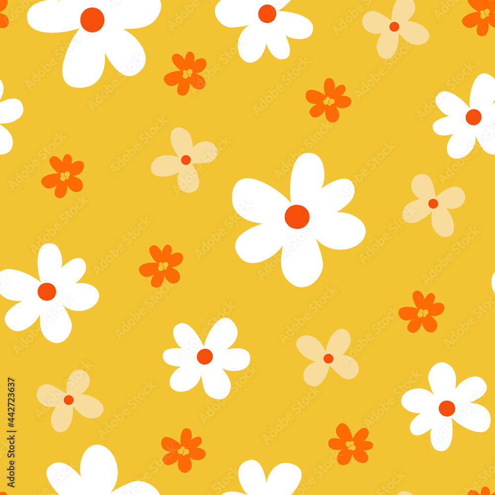 Seamless botanical pattern with flowers on a yellow background. Hand-drawn seasonal texture. Seamless botanical pattern with flowers on a yellow background. Hand-drawn seasonal texture.