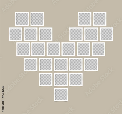 Heart Mood Board or Photo Collage. Vector realistic photo frames or pictures. Mockup for design, montage, presentation, congratulations. 25 empty pictures on beige background. EPS10.