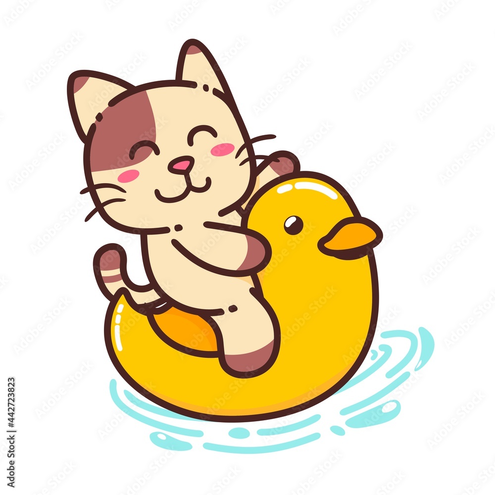 Cute Adorable Happy Brown Cat and Yellow Duck Rubber Toy Float cartoon doodle vector illustration flat design style Cute Adorable Happy Brown Cat and Yellow Duck Rubber Toy Float cartoon doodle vector illustration flat design style