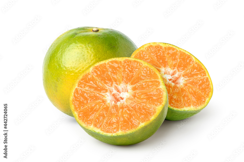 Shogun (Tangerine) with cut in half isolated on white background. Shogun (Tangerine) with cut in half isolated on white background.