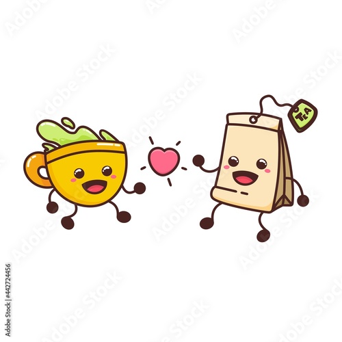 cute yellow mug cup love tea bag cartoon doodle vector illustration flat design style
