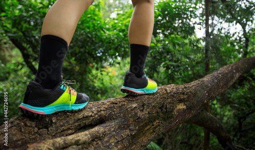 Sportswoman cross country trail runner legs waking on tree trunk in forest