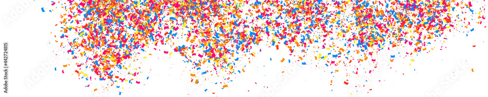 Colorful Explosion Of Confetti. Grainy Abstract Multicolored Texture Isolated On White. Panoramic Background. Wide Horizontal Long Banner For Site. Vector Illustration, Eps 10.  