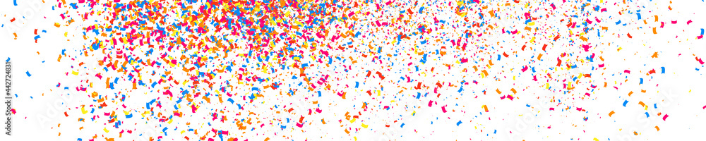 Colorful Explosion Of Confetti. Grainy Abstract Multicolored Texture Isolated On White. Panoramic Background. Wide Horizontal Long Banner For Site. Vector Illustration, Eps 10.  