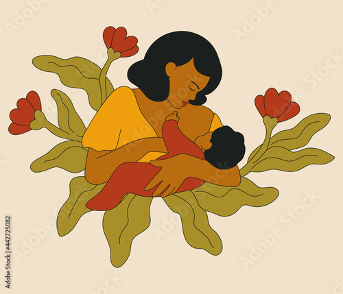 World Breastfeeding Week, 1-7 August. Flat vector illustration. Mother nursing a baby.