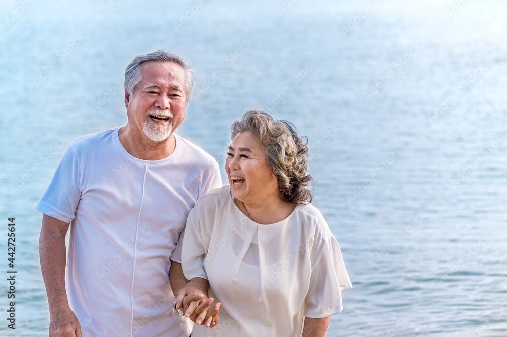 Happy asian senior retired couple, relax smiling elder man and woman enjoying with retired vacation at sea beach outdoor. Health care, Family outdoor lifestyle