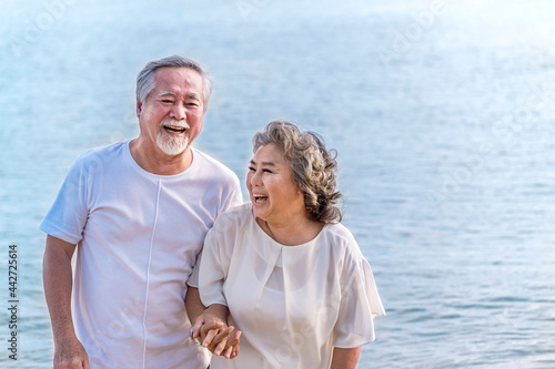 Obraz na płótnie Happy asian senior retired couple, relax smiling elder man and woman enjoying with retired vacation at sea beach outdoor. Health care, Family outdoor lifestyle w salonie