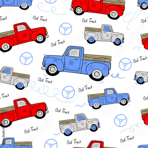 Cartoon Transportation Background for Kids. Vector Seamless Pattern with old trucks, Toy Cars and Traffic signs