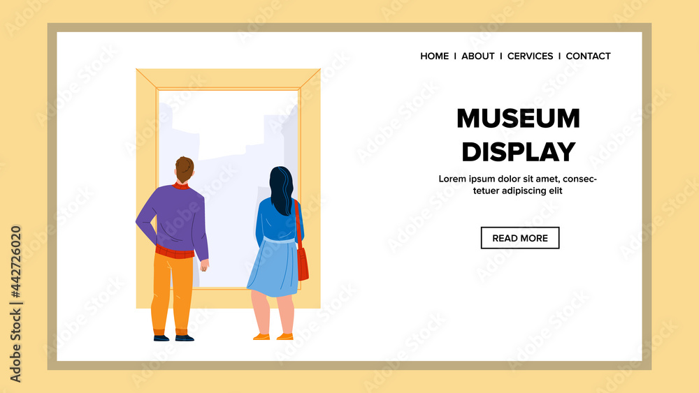 Museum Display Looking Man And Woman Couple Vector. Young Boy And Girl Togetherness Look At Museum Display. Characters Guy And Lady Visitors Exhibition In Gallery Web Flat Cartoon Illustration