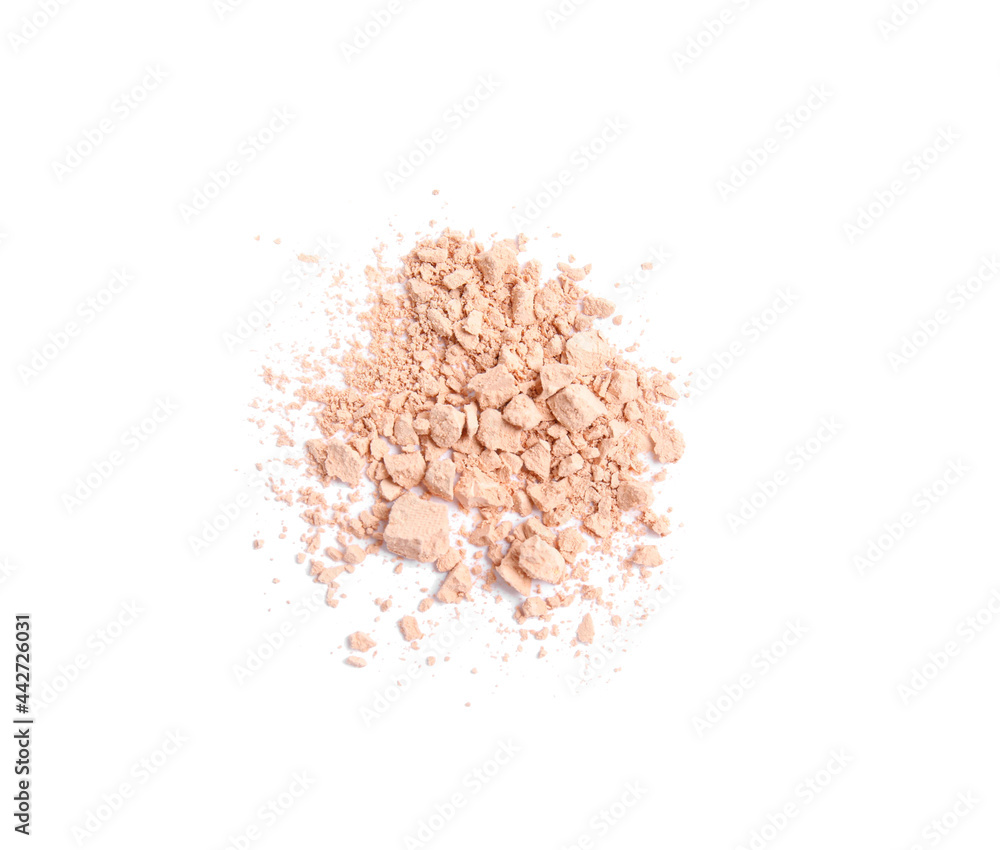 Pile of crushed face powder on white background, top view Pile of crushed face powder on white background, top view