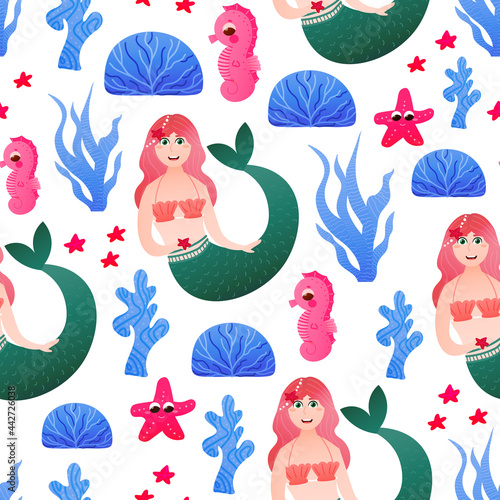 Marmaid and seahorse seamless pattern for bedding or wrapping paper with colourful seaweeds on white backround in cartoon style, marine life, underwater flora and fauna