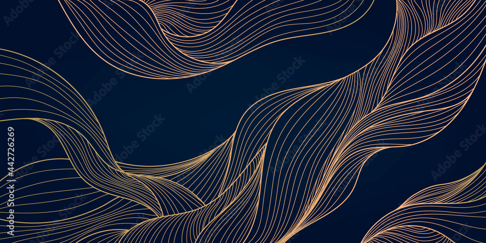 Vector abstract luxury golden wallpaper, wavy line art background. Art Deco Pattern, texture for print, fabric, packaging design. Vintage - obrazy, fototapety, plakaty 
