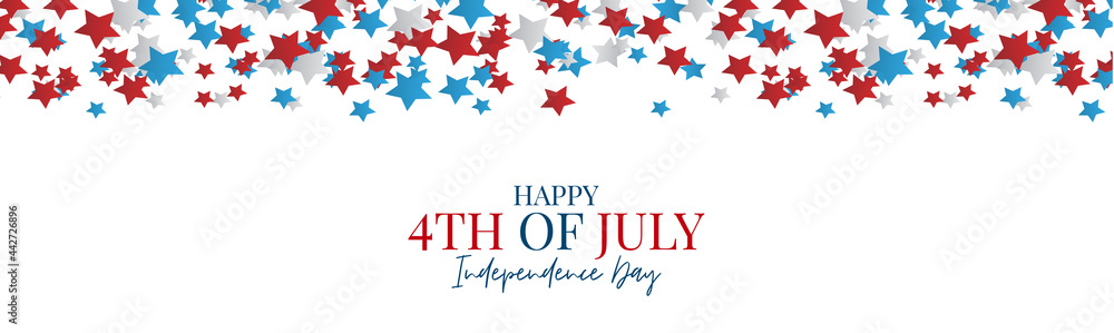 Fototapeta premium 4th of July. USA banner background or header. United States of America Independence Day. American national patriotic holiday design with lettering. Vector illustration.