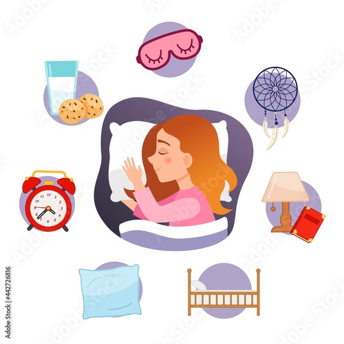 Vector set of night icons. Cartoon cute symbol of night. Illustration cute sleeping girl.
