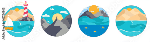 Set of a round simple landscape of a desert hills, lighthouse, boat into the ocean, mountain, hills, background template. Vector illustration in a flat style. Vector illustration