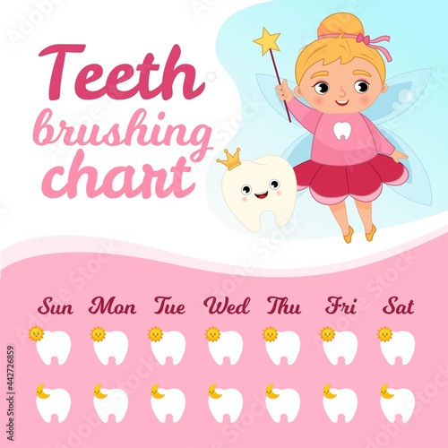 Teeth brushing chart. Protection teeth concept. Vector illustration of a cute tooth fairy.