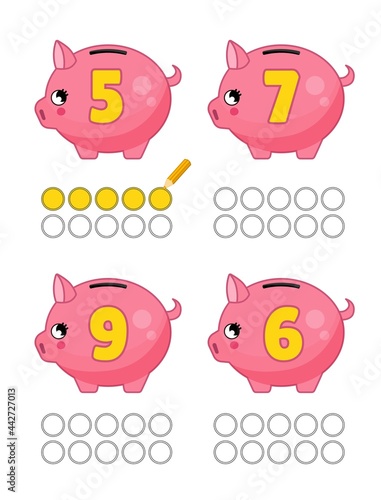 Counting educational children game. Color over the cells according to the number on the piggy bank.
