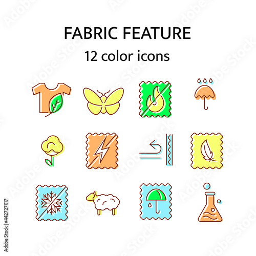 Fabric feature flat icon. Material quality. Fiber type. Textile industry. Organic cotton and wool. Insect resistant
