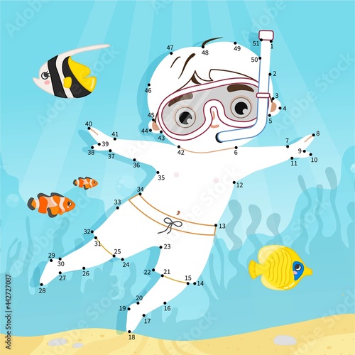 Educational game for kids. Dot to dot game for children. Illustration of cute diving boy.