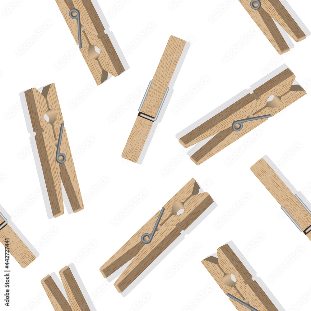 Realistic 3d vector seamless pattern. Realistic wooden photo clip, fabric clothespins, clothes hanger, clothespin. Close-up, volumetric, at an angle. Decor element, graphic design element. Realistic 3d vector seamless pattern. Realistic wooden photo clip, fabric clothespins, clothes hanger, clothespin. Close-up, volumetric, at an angle. Decor element, graphic design element.
