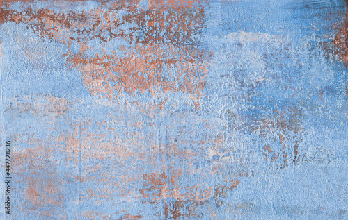 Modern art. Versatile artistic backdrop for creative design projects: posters, banners, cards, websites, magazines, wallpapers. Raster image. Unusual hand painted texture. Blue and brown colours.
