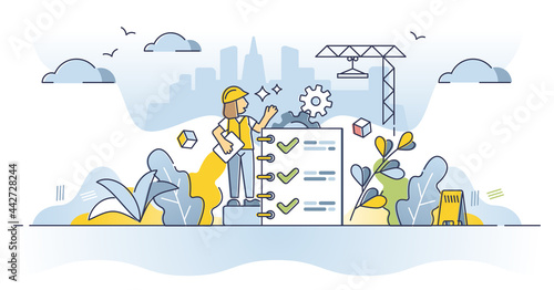 Work safety regulations and worker security protection policy outline concept. Construction site rules and standard caution regulation document for trauma health danger prevention vector illustration.